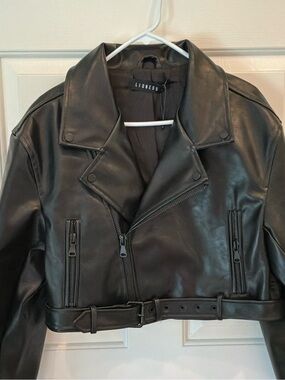 Lioness Black Faux Leather Cropped Biker Jacket